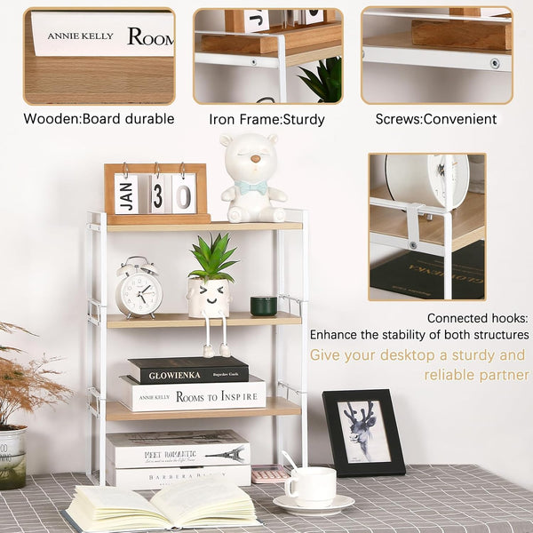 Wood Office Desk Shelf Organizer - Desktop Supplies Cute Dresser Top Organization Storage Rack and Cubicle Decor Aesthetic Bookshelf for Women Man and
