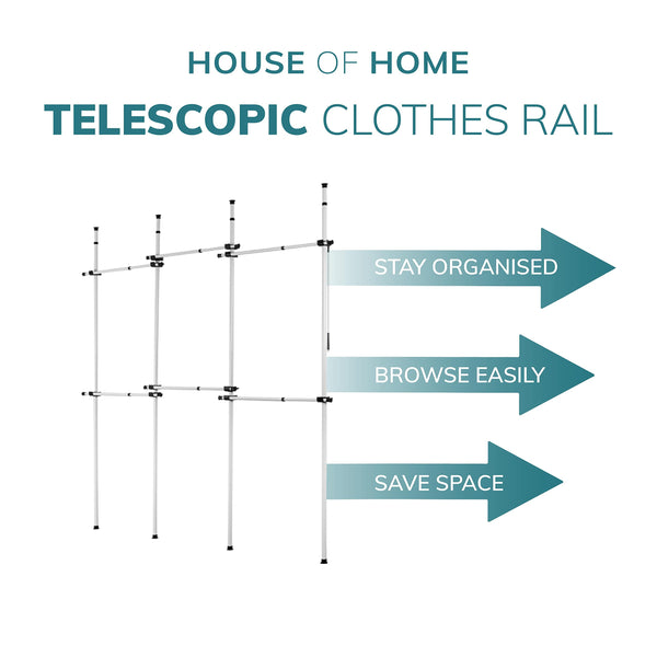 House of Home Heavy Duty Triple Telescopic Clothes Rail - Rail Wardrobe Replacement Adjustable Shelving Rack Clothes Storage & Organiser for Shirts,