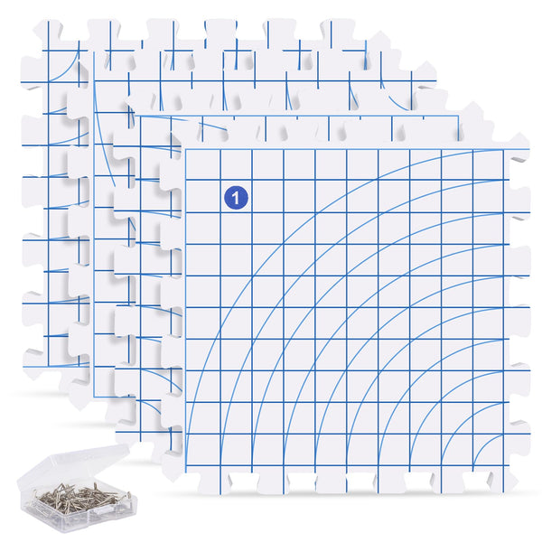 Aeelike Blocking Mats for Crochet and Knitting, Knit Blocking Mats and Pins 100Pcs Set, 4 Pack Thick Interlocking Foam Blocking Board with Grids Line
