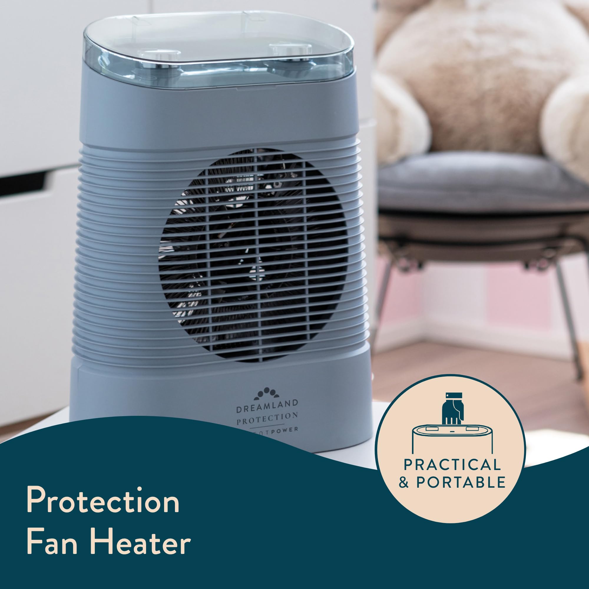Dreamland Silent Power Pure Portable Fan Heater - Low Energy for Home Use, Quick Heat Up with 4 Heating Modes, Silent Space Heater, Energy Efficient Ionizer and Air-Purifying Heating Technology
