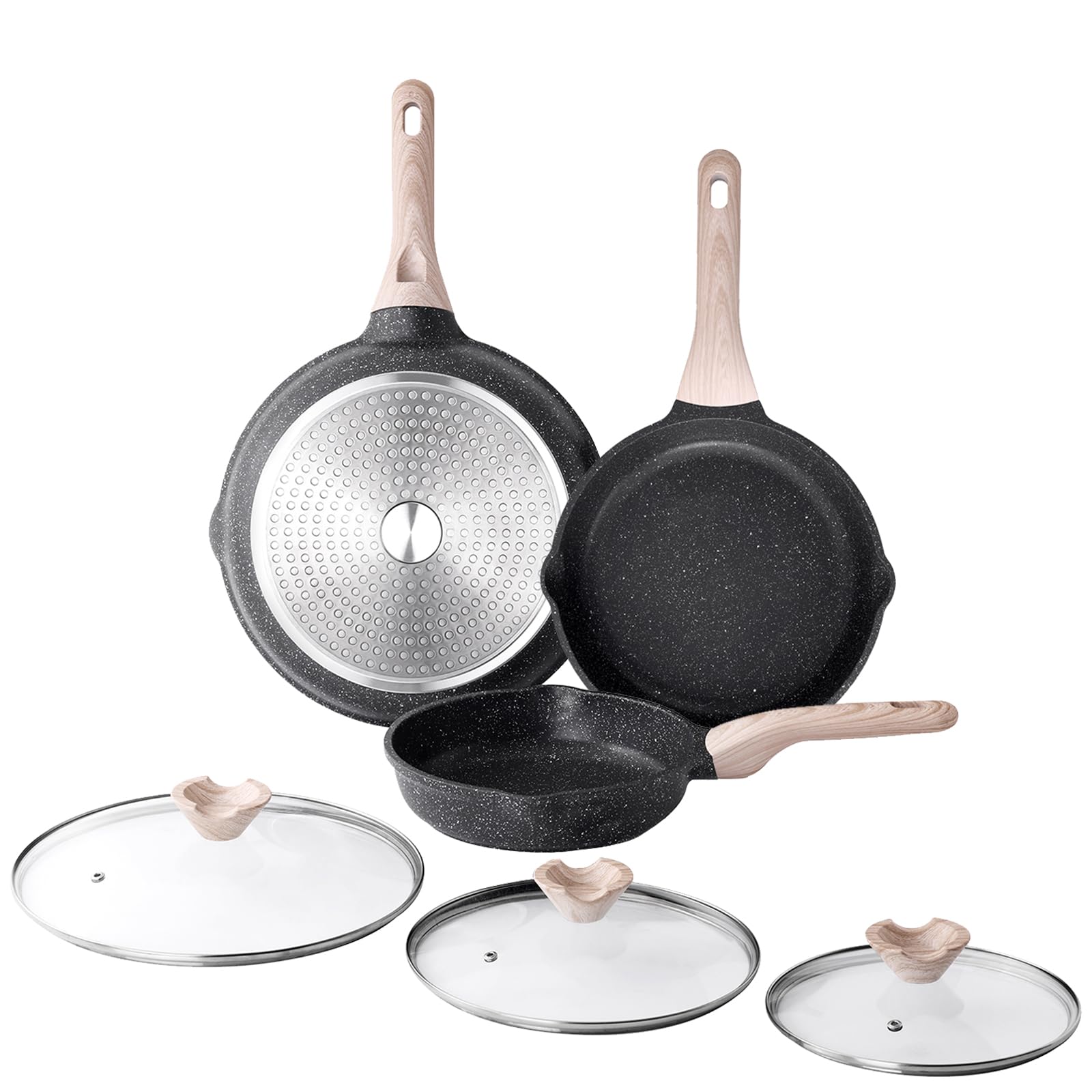 Kordisen Nonstick Frying Pan Set with Lids, 3 Piece Skillet Set, Healthy Induction Cookware Cooking Pan, Stay-Cool Handle, Compatible with All