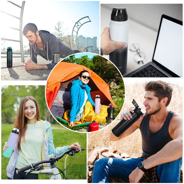 OLDLEY Stainless Steel Water Bottle with Straw 1L Vaccum Insulated Large Drink Flask Metal Water Bottles 1 Litre Leakproof Keep Drinks Hot Cold for Sports Gym with Different Lids(Purple Green, 3 Lids)