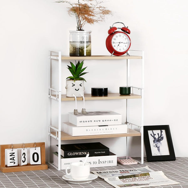 Wood Office Desk Shelf Organizer - Desktop Supplies Cute Dresser Top Organization Storage Rack and Cubicle Decor Aesthetic Bookshelf for Women Man and