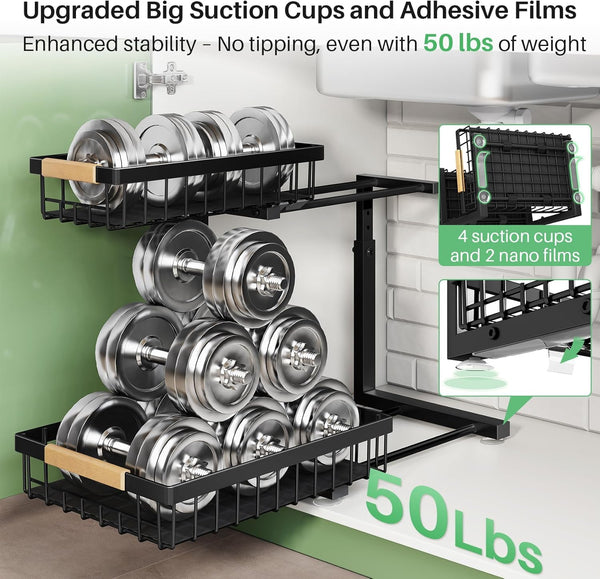 Kitstorack 2 Pack Under Sink Storage, 2 Tier Metal Pull Out Kitchen Under Sink Organiser, Kitchen Storage & Organisation Under Cupboard Storage for