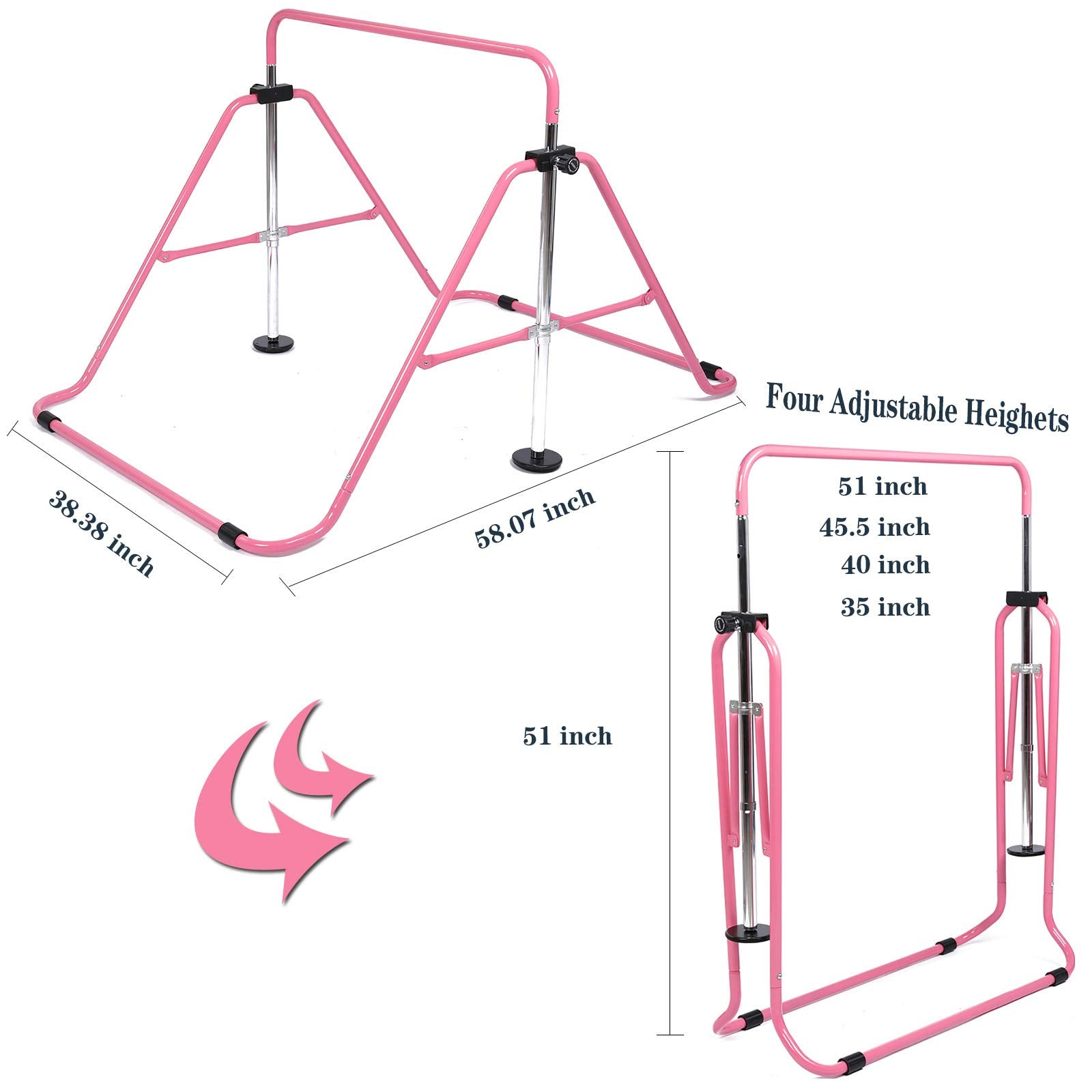 Gymnastic Bar Kids with Flying Ring Folding Adjustable Height Horizontal Gift Set, Expandable Gym Training Bar Equipment for Boys Girls Color Pink