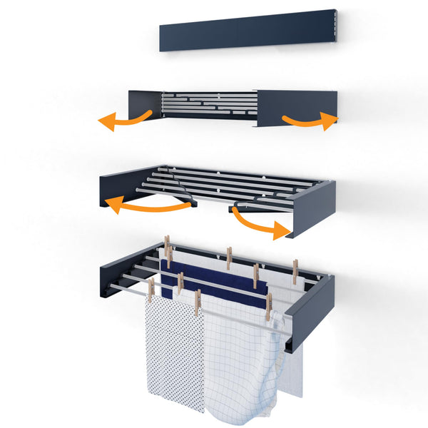 Hot Flow Glide Foldable Wall Mounted Clothes Rack, Retractable Clothes Drying Rack. Sleek Design With 5 x 70cm Rods For 3.5m Of Hanging Line. Perfect