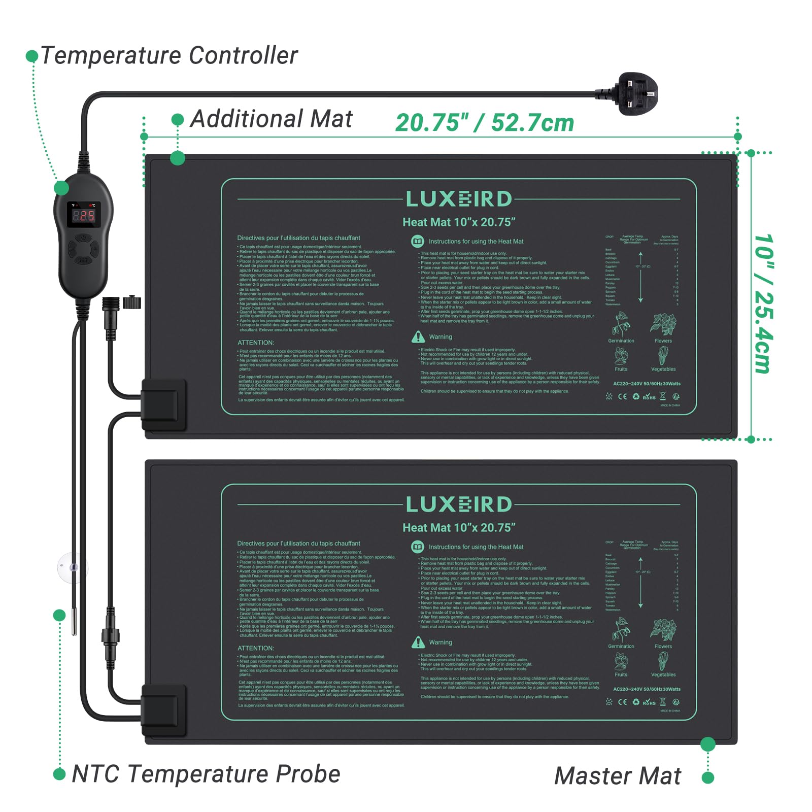 Luxbird 2 Pack Seedling Heat Mats with Digital Thermostat Controller, 10" x 20.75" Waterproof Plant Heating Mats Combo, for Seed Starting,