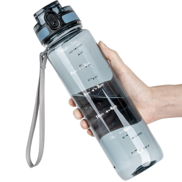 OLDLEY 1L/32oz Sports Water Bottle, 1000ml Motivational Drinks Bottle with Time Markings Leak Proof Drink & Lock Cover & No Straw, BPA Free for Adults Women Men Gym School Cycling Running Hiking
