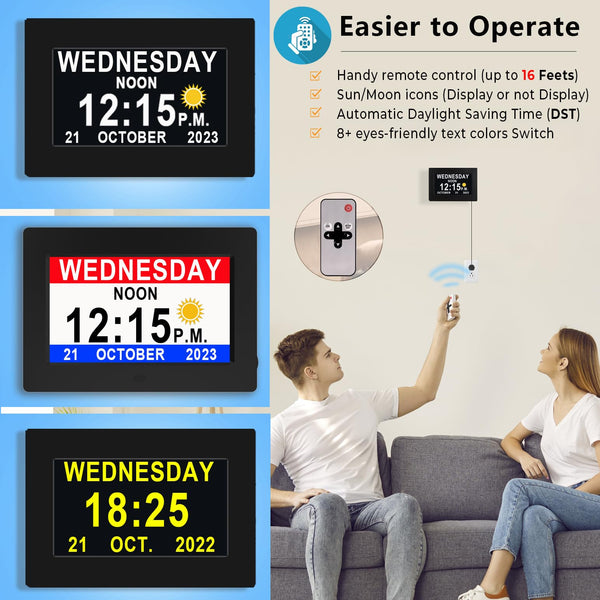 Véfaîî Newest,Dementia Clock 2.0 with Auto DST, 20 Custom Reminders, Day Clock with Sun/Moon icons for Elderly, Sleep Trainer, 7" with Remote & HD Picture Frame