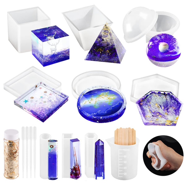 OSELEE Resin Moulds Silicone, 21Pcs DIY Epoxy Resin Moulds Kit, Resin Kits for Beginners Making Jewelry/Candle/Soap, Include Coaster, Cube, Pyramid,