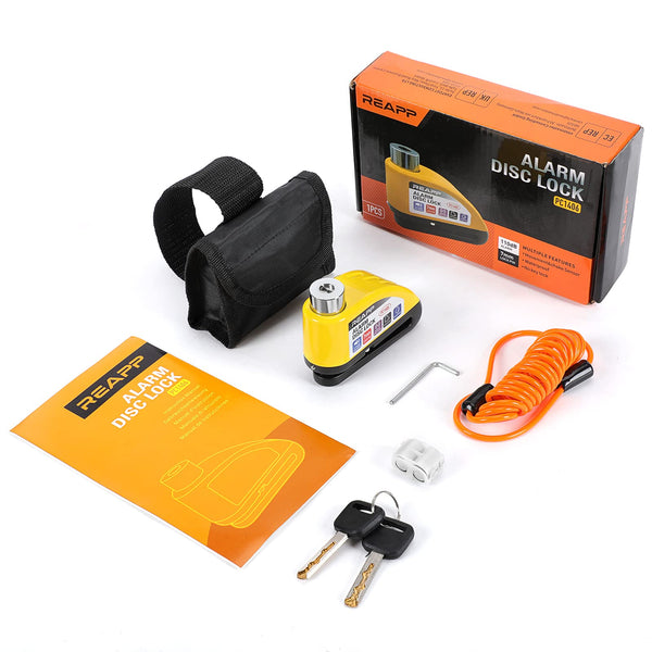 REAPP Alarm Disc Lock Motorbike Lock, Disc Brake Lock 110db with Reminder Cable and Carry Pouch, High Security Disc Lock for Motorcycle Bike Moped Motocross