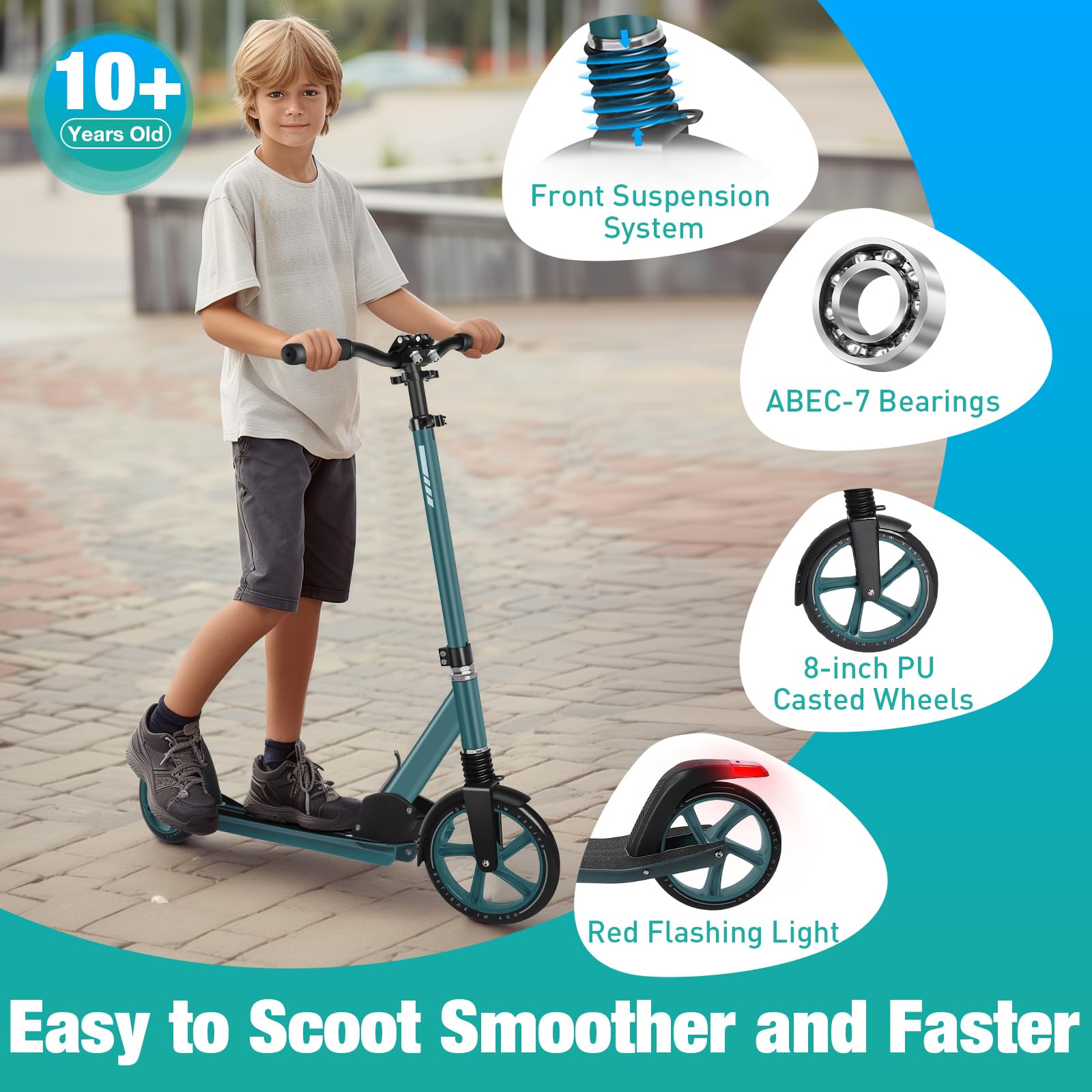 BELEEV Scooters for Kids Ages 8+, Folding 2 Wheel Scooter for Adults Teens, 200mm Big Wheels, 4 Adjustable Handlebar, Front Suspension, Lightweight