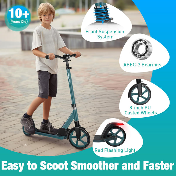 BELEEV Scooters for Kids Ages 8+, Folding 2 Wheel Scooter for Adults Teens, 200mm Big Wheels, 4 Adjustable Handlebar, Front Suspension, Lightweight