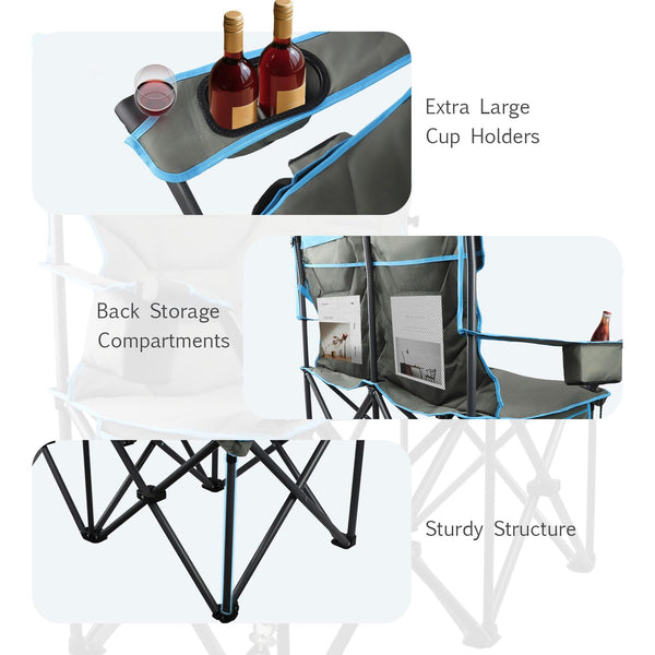 Outdoor Folding Camping Chair -Oversize Camping Chairs for Adults,Support 400lbs with Pillows & Cup Holders & Cooler Bags- Heavy Duty Collapsible Chairs for Sports Garden Beach Fishing(Grey Blue)