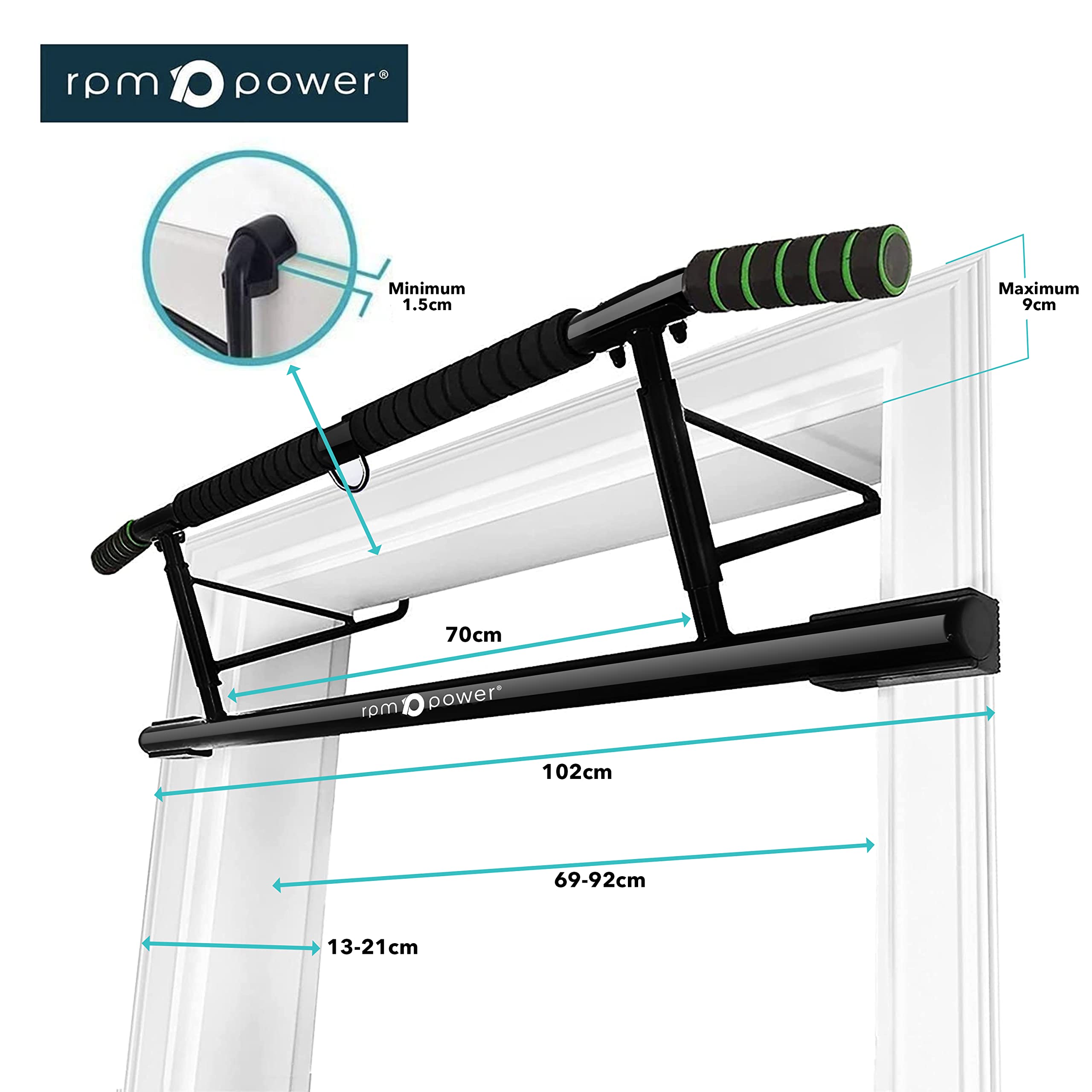 RPM Power Door Pull Up Bars - Heavy Duty Door Pull Up/Chin Up/Dip Station for Door Frames & Floor Exercises (EVO Pull Up Bar & Dip Station)