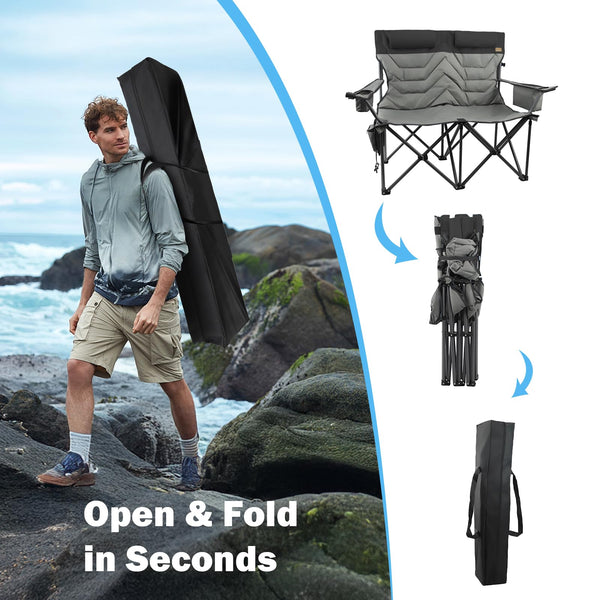 Outdoor Folding Camping Chair -Oversize Camping Chairs for Adults,Support 400lbs with Pillows & Cup Holders & Cooler Bags- Heavy Duty Collapsible Chairs for Sports Garden Beach Fishing(Grey Blue)