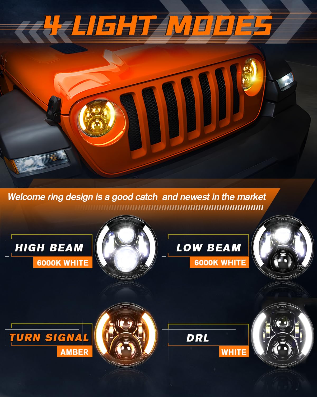 CO LIGHT 7 Inch LED Headlight Round Half Halo Angel Eyes DRL Amber Turn Signal Lights DOT and E-Mark Approved, H6024 LED Headlights with H4 H13 Adapter Compatible for Wrangler JK TJ LJ CJ, 2PCS