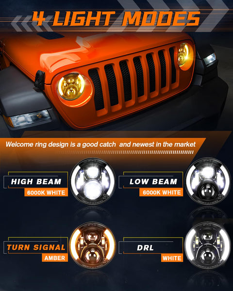 CO LIGHT 7 Inch LED Headlight Round Half Halo Angel Eyes DRL Amber Turn Signal Lights DOT and E-Mark Approved, H6024 LED Headlights with H4 H13 Adapter Compatible for Wrangler JK TJ LJ CJ, 2PCS