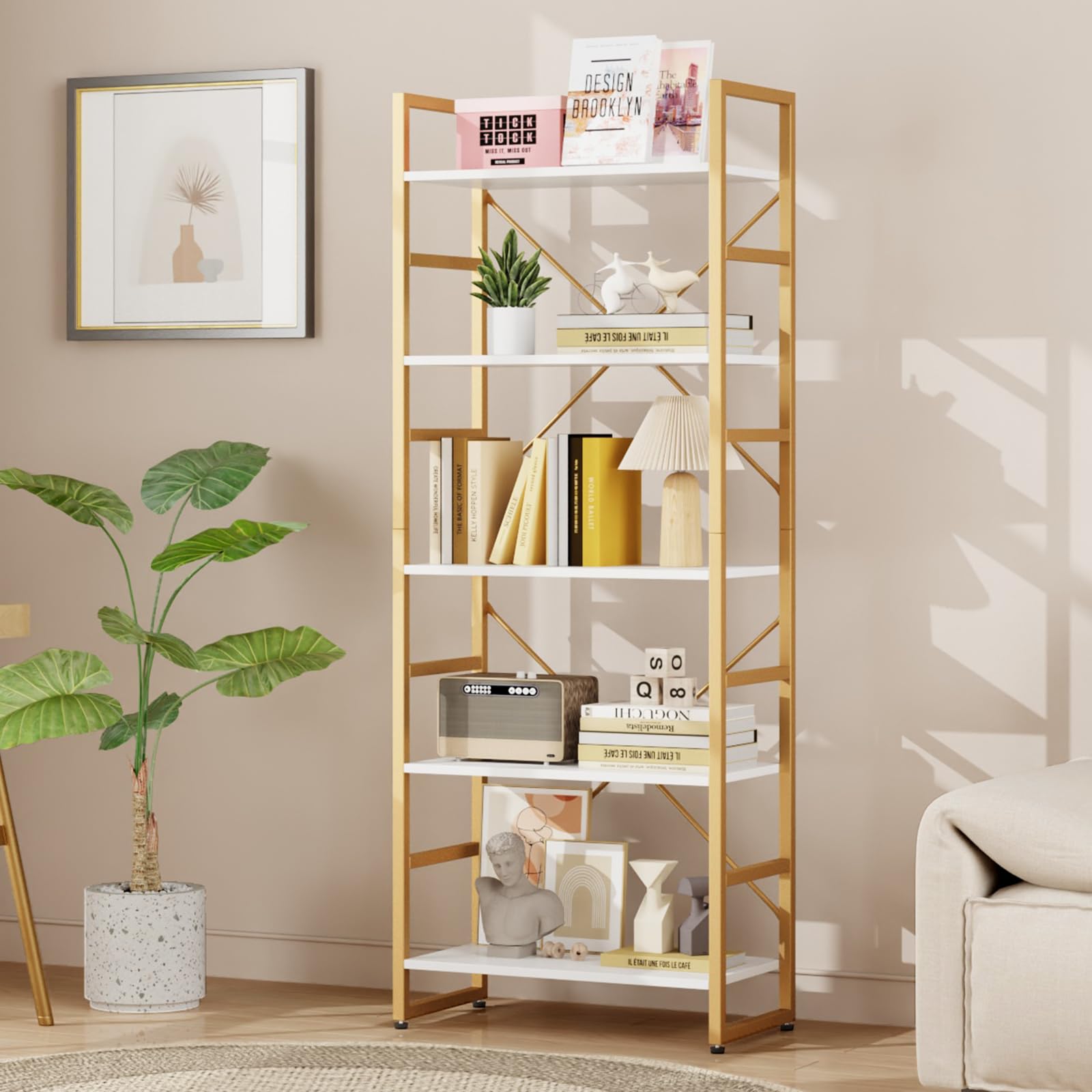 TREETALK 5 Tier Bookshelf, Standing Bookcase with 2 X-shape Frame,Adjustable Leg pads, Industrial Storage Rack for Office, Living Room (Gold)