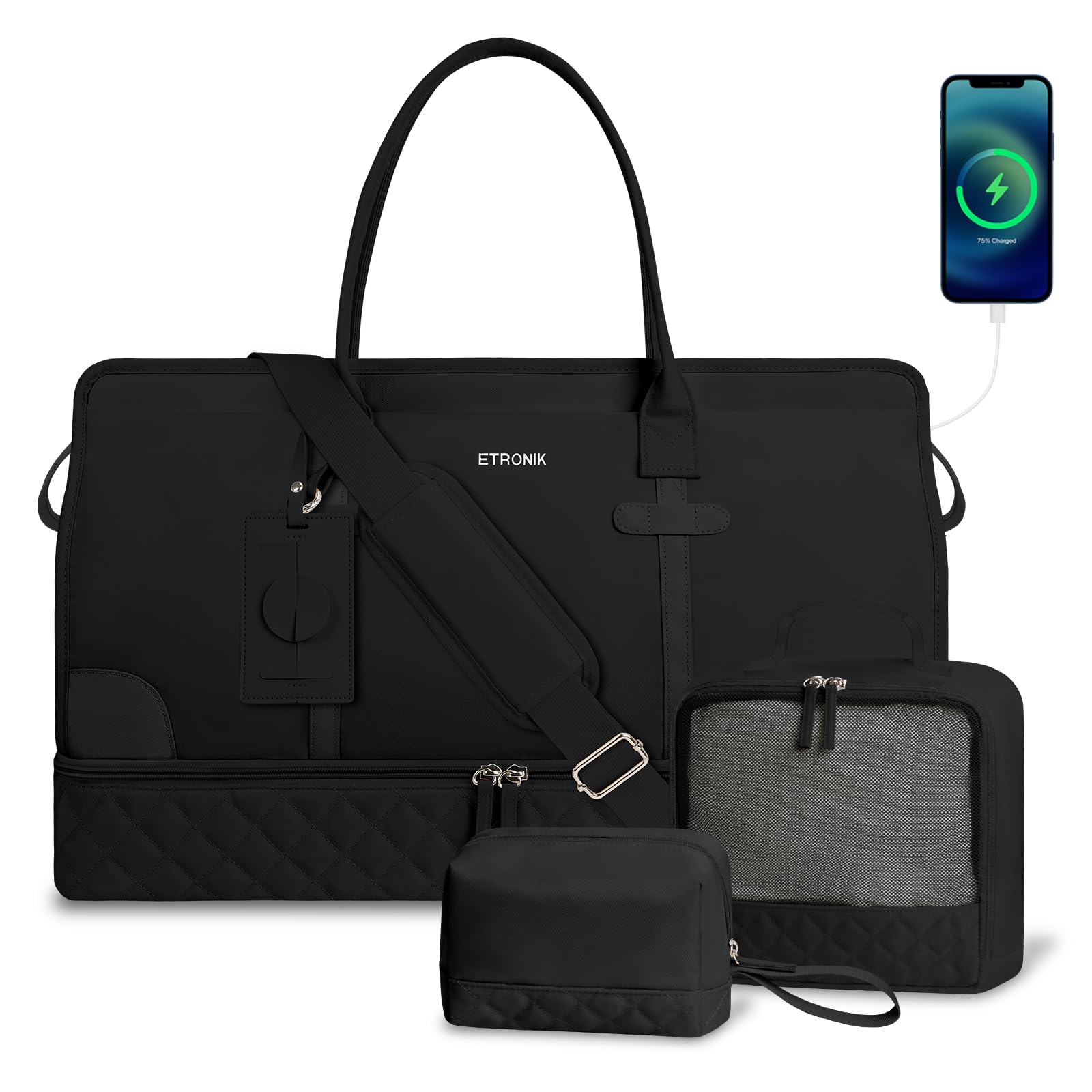 ETRONIK Weekend Overnight Bag for Women, Large Travel Duffle Bag with Shoe Compartment & Wet Pocket, Carry On Tote Bags Gym Duffel Bag with Toiletry Bags for Hospital 3 Pcs Set, Black