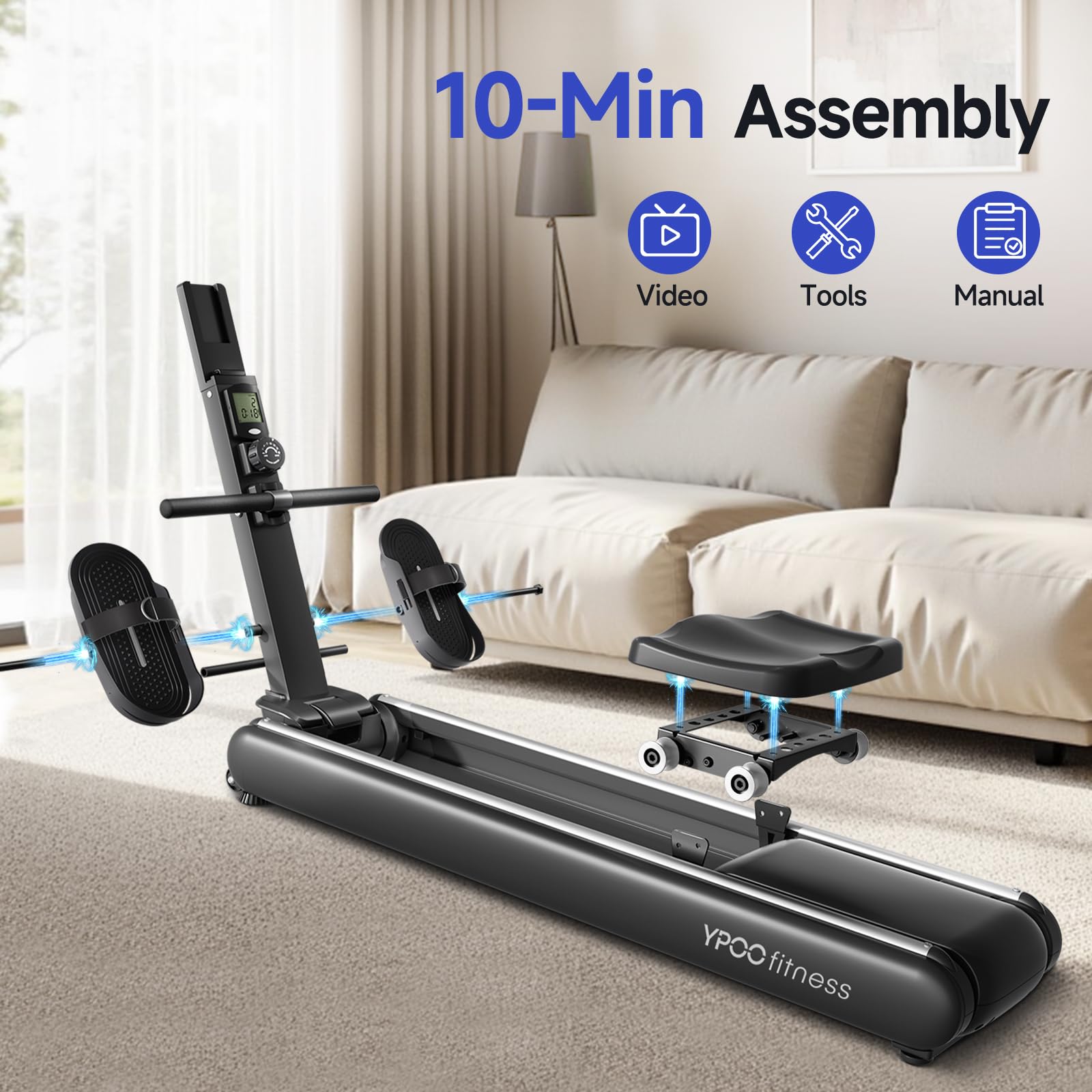 YPOO Rowing Machines, Magnetic Rowing Machines for Home Gym, 16 Levels Resistance Rowing Machine Foldable Quiet with Dual Slide Rail, 350lb Folding Rowing Machine with LCD Display Seat Cushion & App