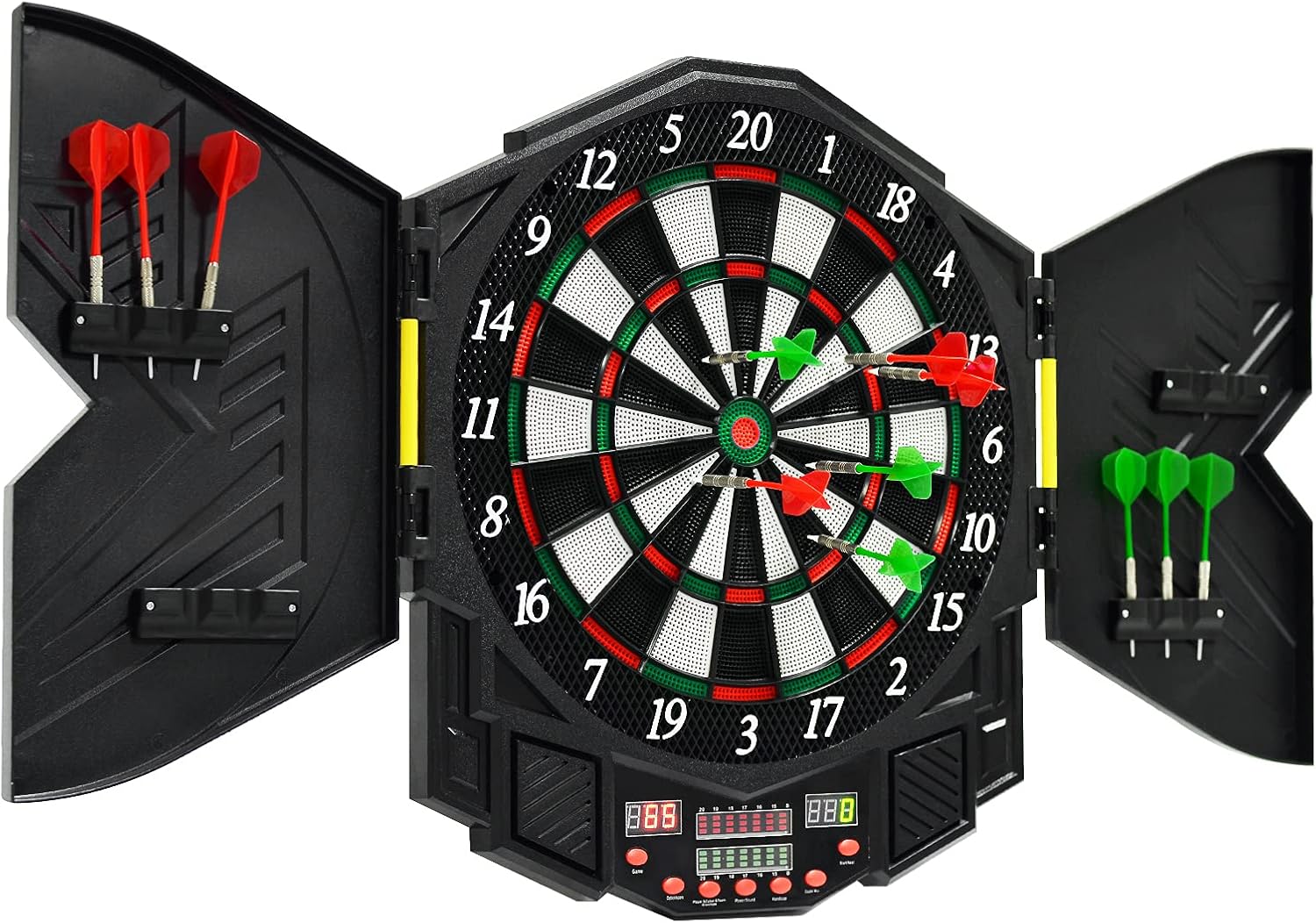GYMAX Electronic Dart Board Set, Professional Hanging Dartboard with 12 Soft Tip Darts, Cabinet and LED Display, Aileron Target Dartboards for Kids Adults