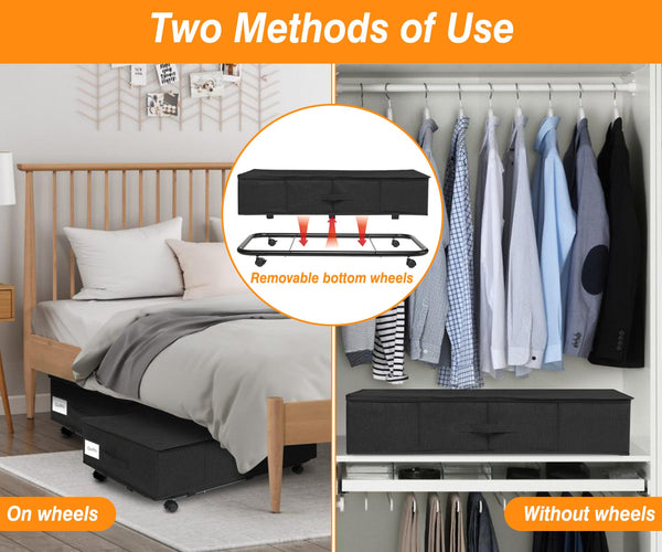 Huquter Underbed Storage on Wheels 50L, 2 Pack Foldable Under Bed Storage Box with Lid & Zip, Large Underbed Storage with Wheels Black with Metal