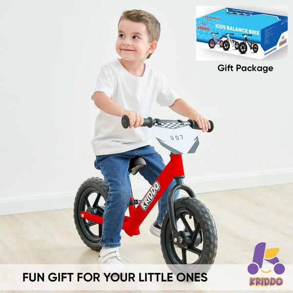 KRIDDO Toddler Balance Bike 2 Year Old, Age 18 Months to 5 Years Old, 12 Inch Push Bicycle with Customize Plate (3 Sets of Stickers Included), Gift Bike for 2-3 Boys Girls, Blue