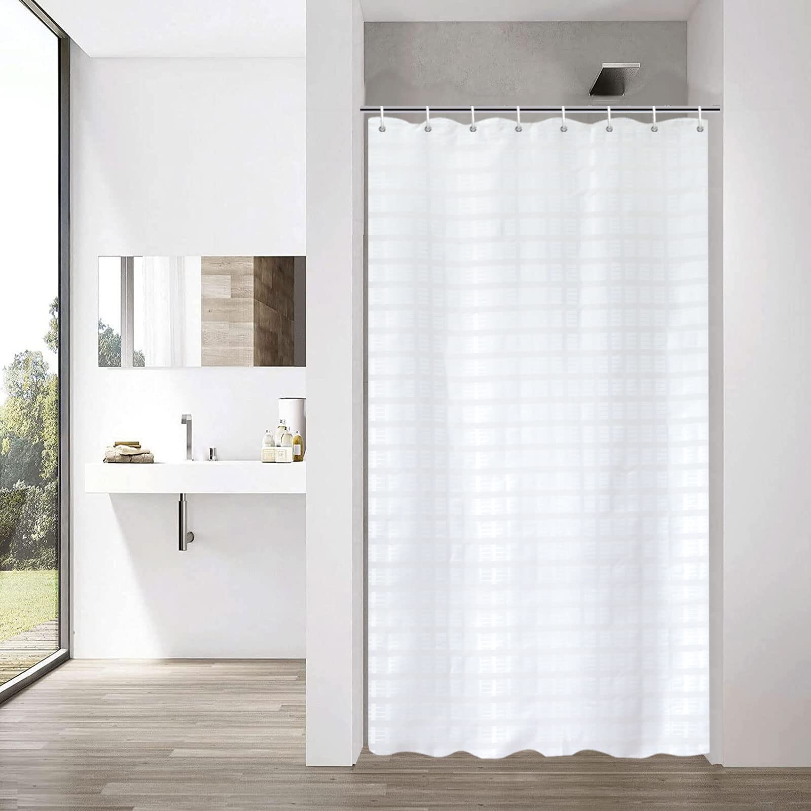 YISURE White Jacquard Shower Curtain for Bathroom Tub - Waterproof Fabric with Plastic Hooks, Narrow 90cm/35"W x 71"L/180cm