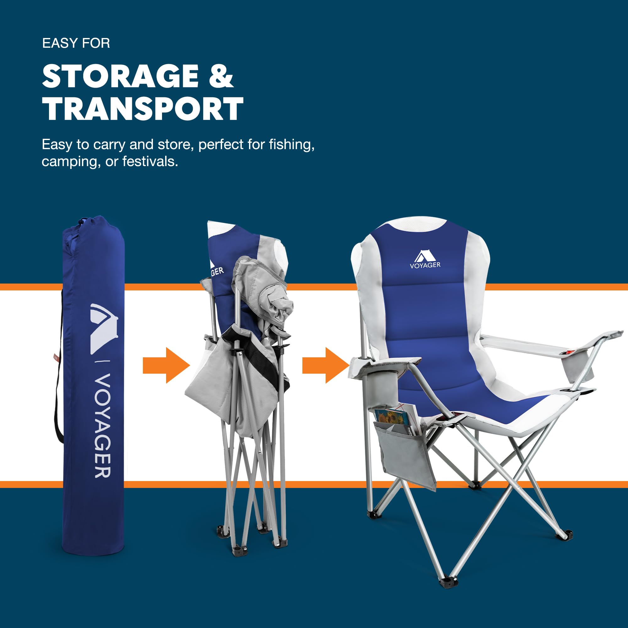 Voyager Folding Camping Chairs 2 Pack with Cooler Bag, Lightweight Q195 Steel Frame, 600D Oxford Fabric, Portable & Comfortable - Black (Black, Padded)