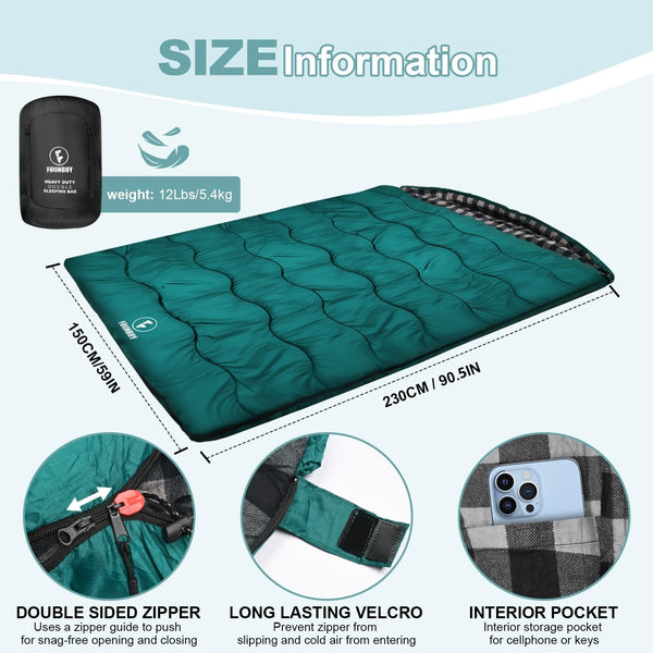 FORINBUY Winter Cotton Flannel Double Sleeping Bag for Adults - 0 degree Queen Size 2 Person Sleeping Bag, Waterproof & Warm for Cold Weather, Ideal for Couples, Family Camping & RV Travel