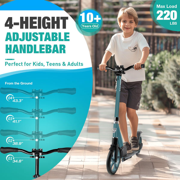 BELEEV Scooters for Kids Ages 8+, Folding 2 Wheel Scooter for Adults Teens, 200mm Big Wheels, 4 Adjustable Handlebar, Front Suspension, Lightweight