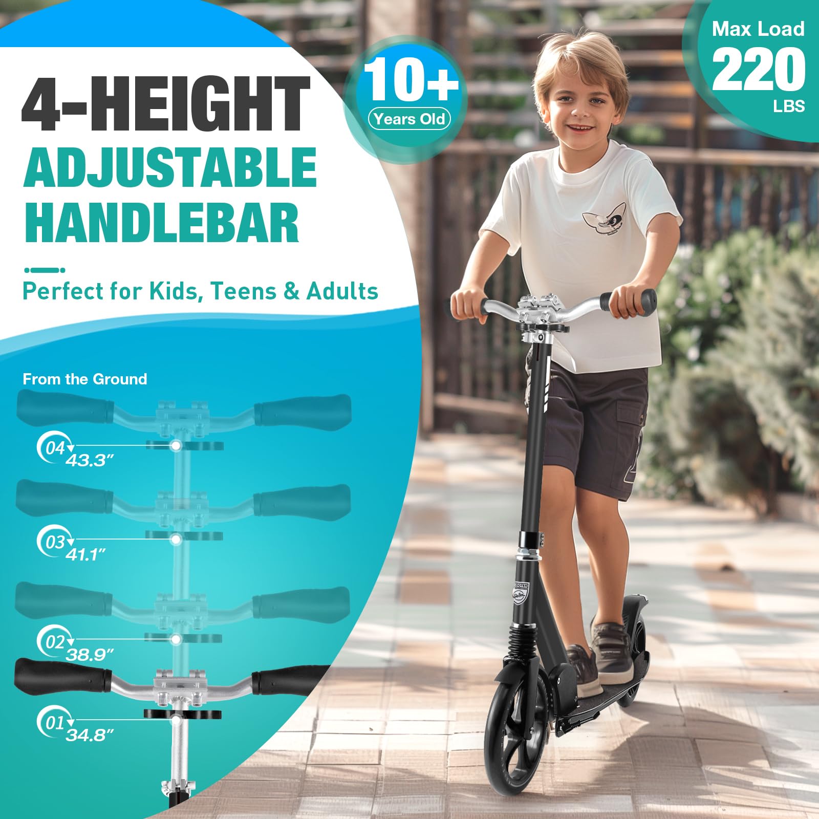 BELEEV Scooters for Kids Ages 8+, Folding 2 Wheel Scooter for Adults Teens, 200mm Big Wheels, 4 Adjustable Handlebar, Front Suspension, Lightweight