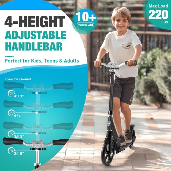 BELEEV Scooters for Kids Ages 8+, Folding 2 Wheel Scooter for Adults Teens, 200mm Big Wheels, 4 Adjustable Handlebar, Front Suspension, Lightweight