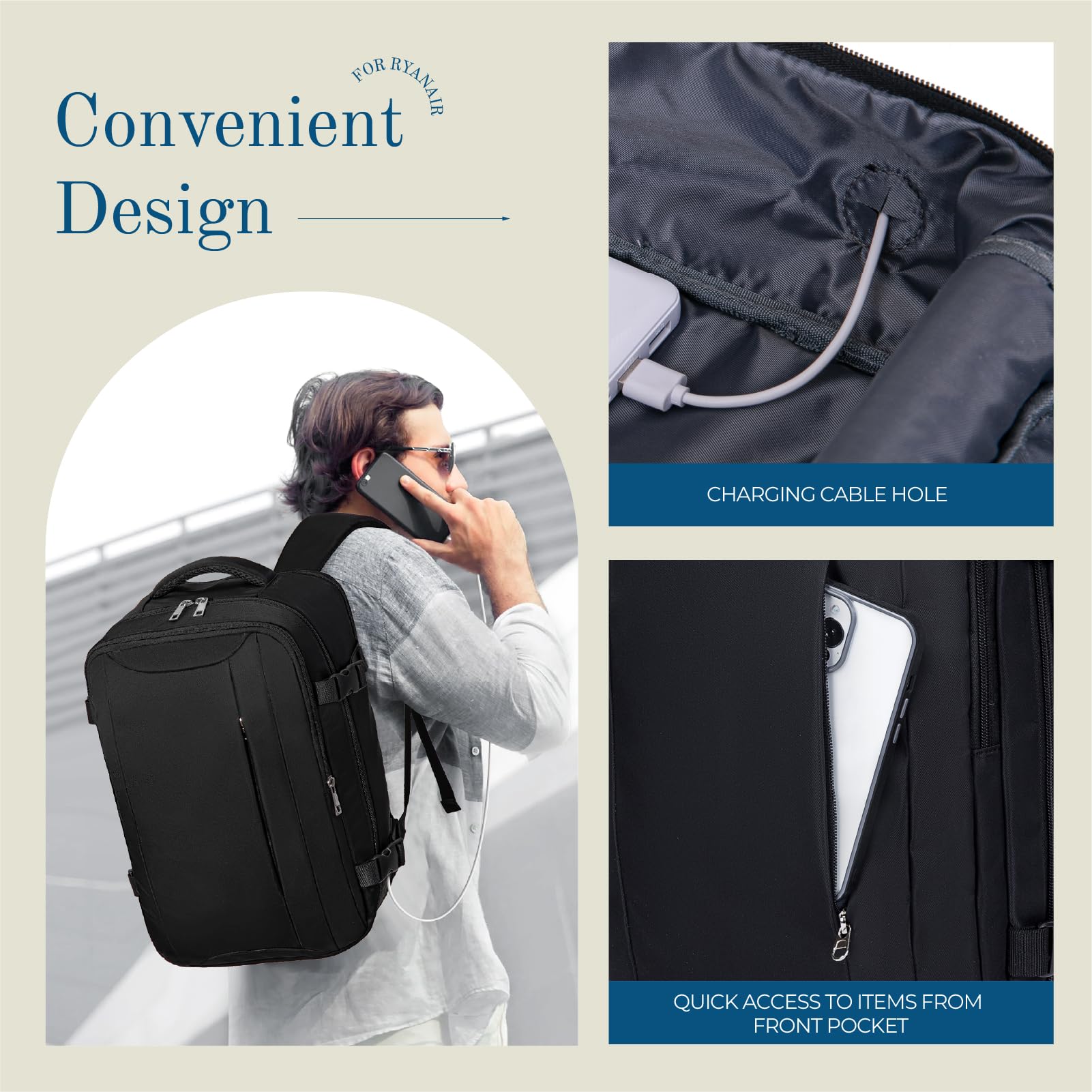 Cabin Bag 45x36x20 for New Easyjet, Underseat Cabin Luggage Bags Carry on Travel Backpack Cabin Size for Airplanes, 30L Hand Luggage Suitcase Water Resistant Laptop Backpacks Black