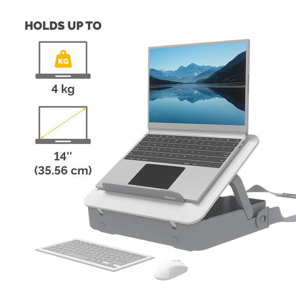 Fellowes Portable Laptop Stand Carry Case - Breyta 2-in-1 Design with 5 Height Adjustments - Ideal for Hybrid Work - 100% Recyclable - White