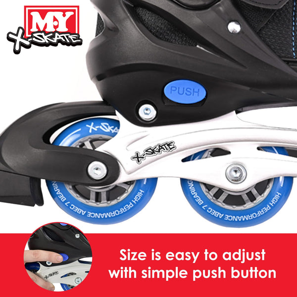 M.Y X-Skate Adjustable Blue Inline Roller Skates with Built In Adjusters Kids Roller Boots for Boys & Girls - Small
