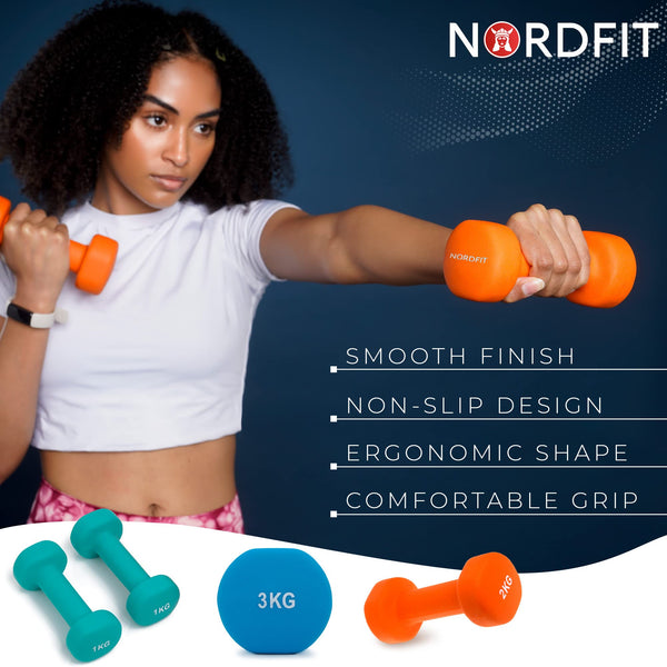 Neoprene Coated Dumbbells for Home Exercise, Pilates, Gym, Cardio, Dumbbell Weights Set in 1kg 2kg 3kg 4kg 5kg Pairs by Nordfit