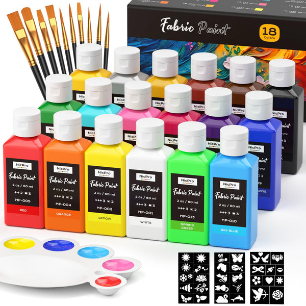 Nicpro 18 Colors Fabric Paint (2oz/60ml), Permanent Soft Paint Set with Brushes, Palette, Stencils, Non-Toxic Textile Paints for Fabric DIY Crafts,