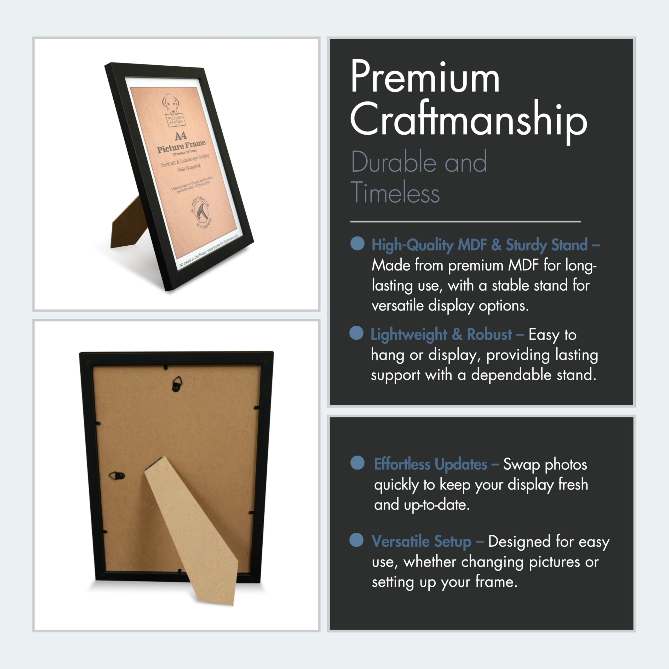 12 Pack A4 Black Picture Frames  Modern Frames for Photos, Prints & Certificates, Wall Mounted & Freestanding