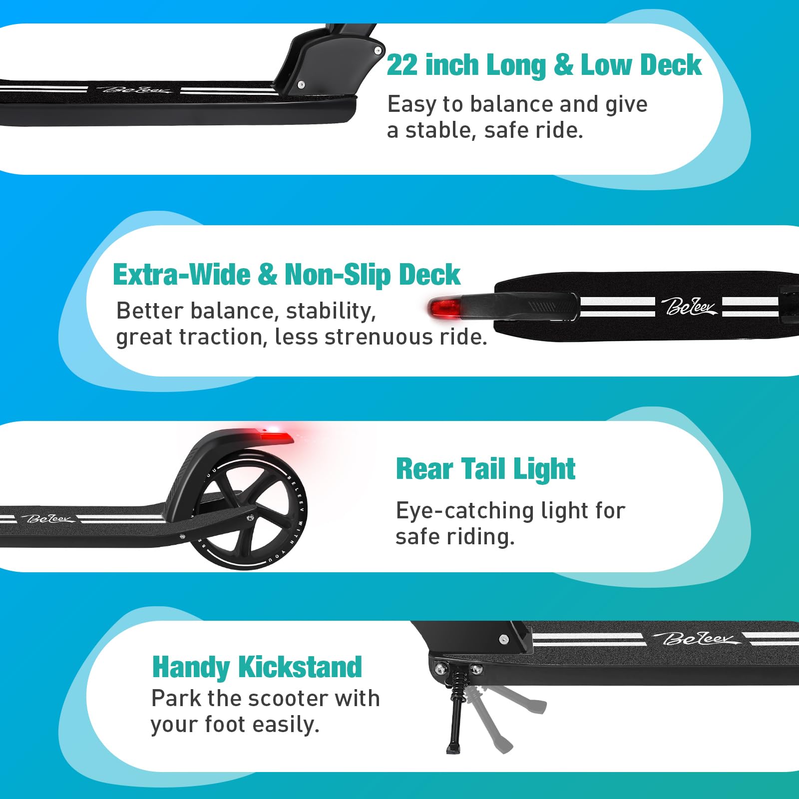 BELEEV Scooters for Kids Ages 8+, Folding 2 Wheel Scooter for Adults Teens, 200mm Big Wheels, 4 Adjustable Handlebar, Front Suspension, Lightweight