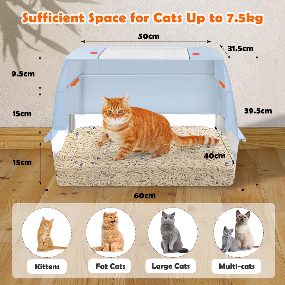 Vivifying Enclosed Stainless Steel Cat Litter Box with Lid, High-Sided, Removable and Metal Leak-Proof Stainless Steel Cat Litter Tray with Scoop, Steps and Mat (Black)