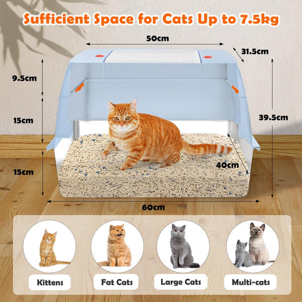 Vivifying Enclosed Stainless Steel Cat Litter Box with Lid, High-Sided, Removable and Metal Leak-Proof Stainless Steel Cat Litter Tray with Scoop, Steps and Mat (Black)