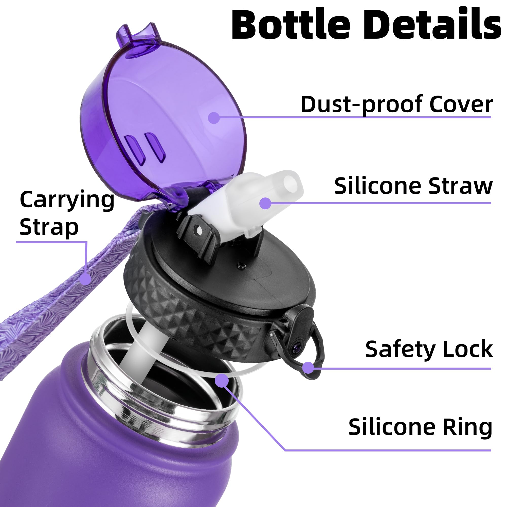 OLDLEY Stainless Steel Water Bottle with Straw 1L Vaccum Insulated Large Drink Flask Metal Water Bottles 1 Litre Leakproof Keep Drinks Hot Cold for Sports Gym with Different Lids(Purple Green, 3 Lids)