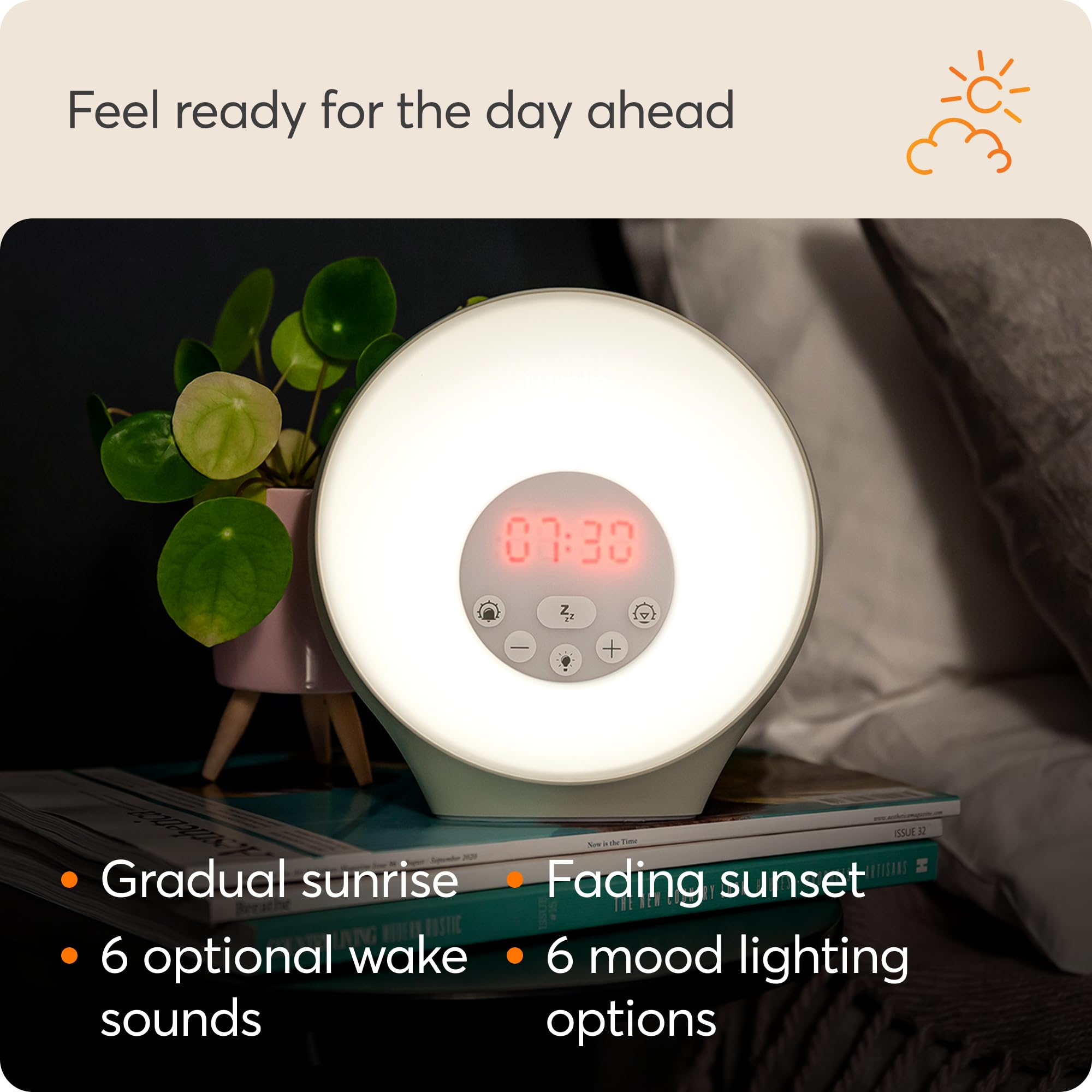 Lumie Sunrise Alarm - Sunrise Wake-up Alarm, Sunset Sleep Feature, Sounds and Mood Lighting, White