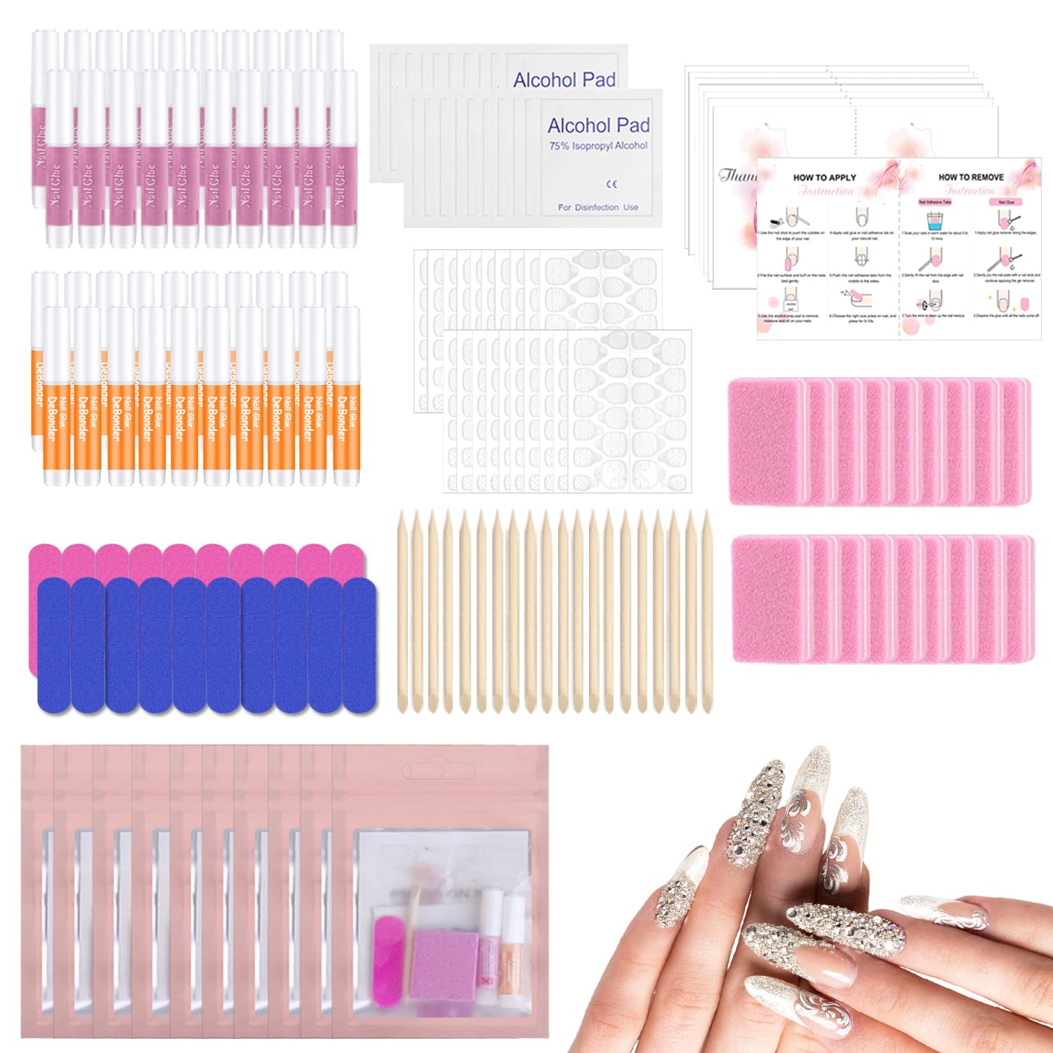 Press on Nails Prep Kit - 20PCS All-in-One Tool Set with Glue, Remover, File, Buffer, Prep Pads, Adhesive Tabs & Wood Stick + Instructions
