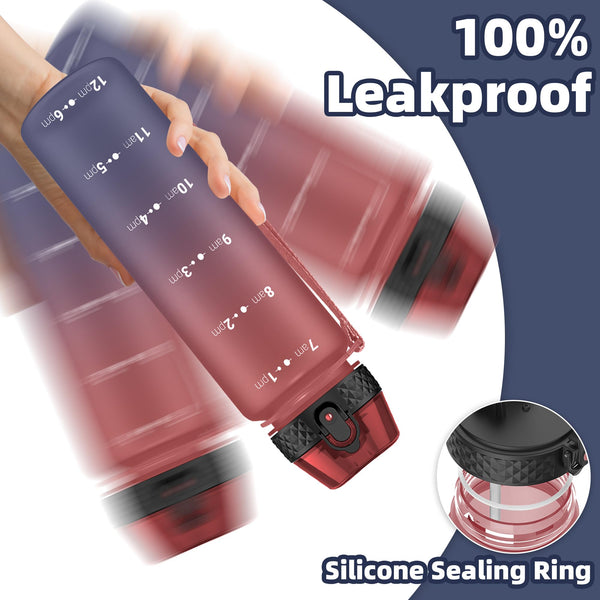 OLDLEY 1L/32oz Sports Water Bottle, 1000ml Motivational Drinks Bottle with Time Markings Leak Proof Drink & Lock Cover & No Straw, BPA Free for Adults Women Men Gym School Cycling Running Hiking