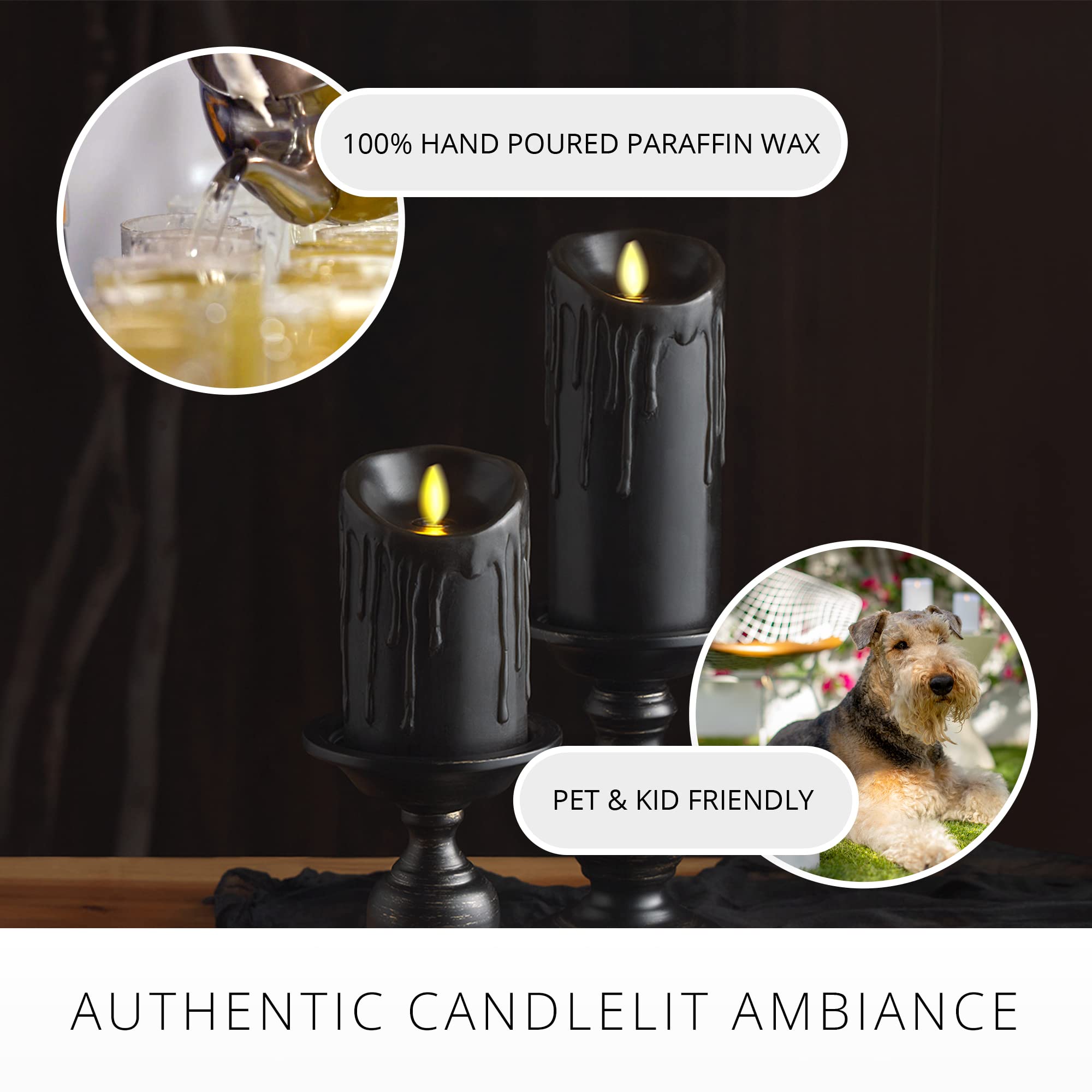 Luminara Wax Drip Flameless LED Candle, Black 3" x 4.5", Timer Function, Real Wax Pillar, Battery Operated Unscented Safe, Long-Lasting