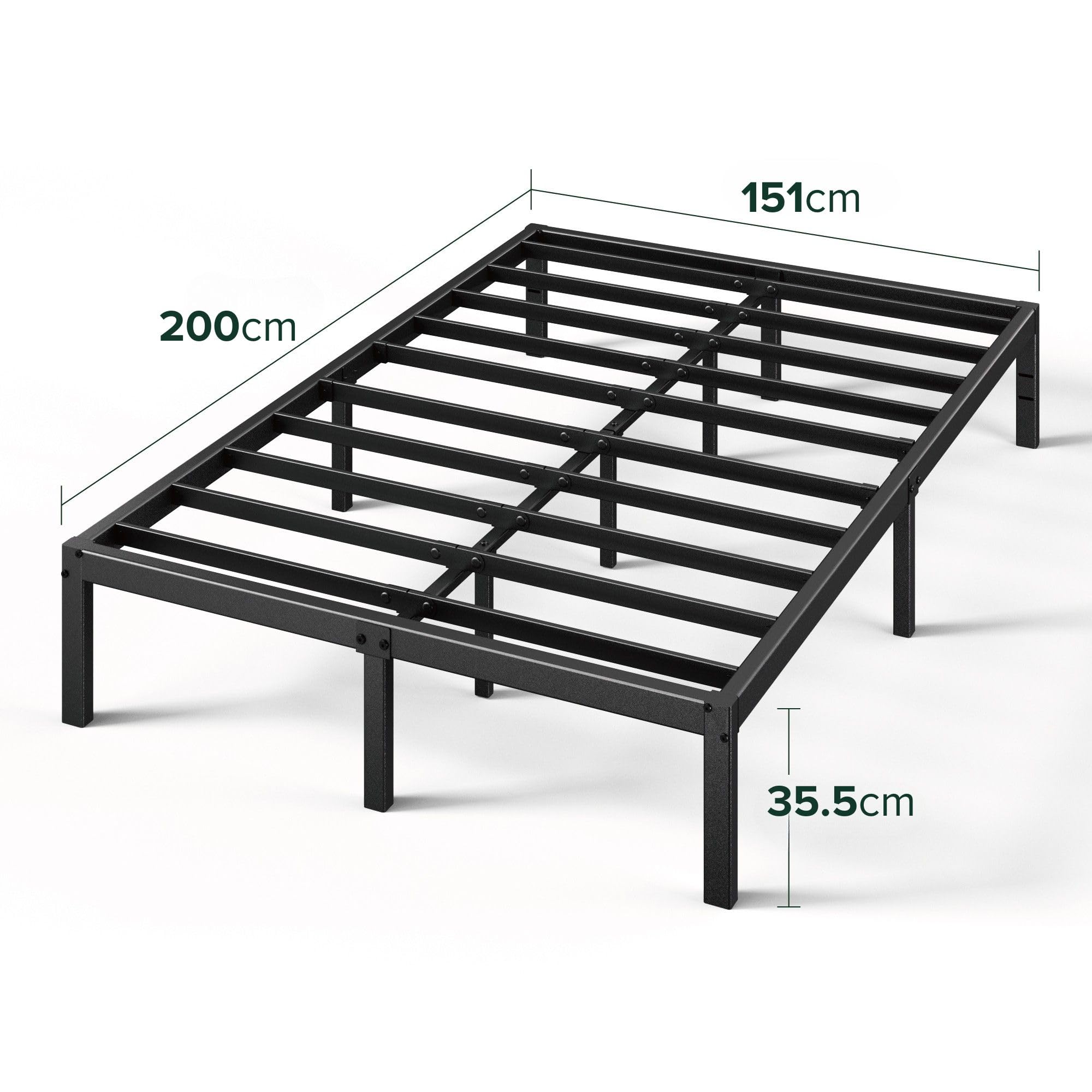 Zinus Yelena King size Bed frame - Bed 150x200 cm - 36 cm Height with Underbed storage - Metal Platform Bed frame with Steel slat support - Black