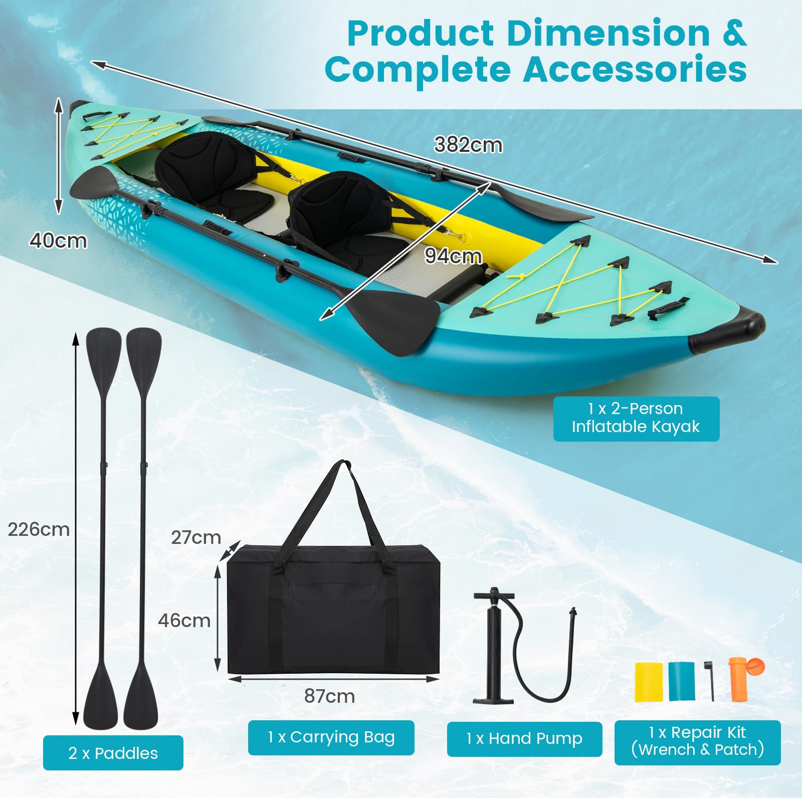 GYMAX Inflatable Kayak Set, 2-Person Inflatable Boat with Aluminum Oars, EVA Padded Seat, Fins, Hand Pump, Repair Kit and Carry Bag, Blow Up Canoe for Lakes, Rivers & Sea Shores